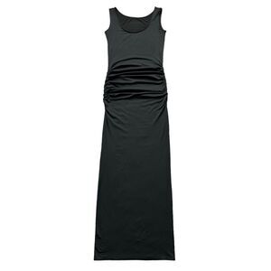 🔃Black Scoop Neck Ruched Sleeveless Split Slit Hem Bodycon Maxi Tank Dress